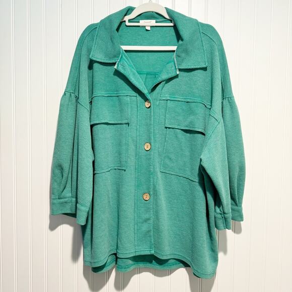 ODDY Tops - Oddy Green Waffle Knit Shacket Plus Size 2X/3X